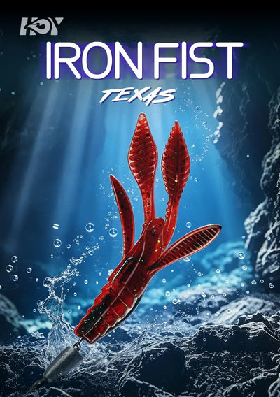 Red PVC soft crawfish lure with IRONFIST Texas-style graphic, two-claw body