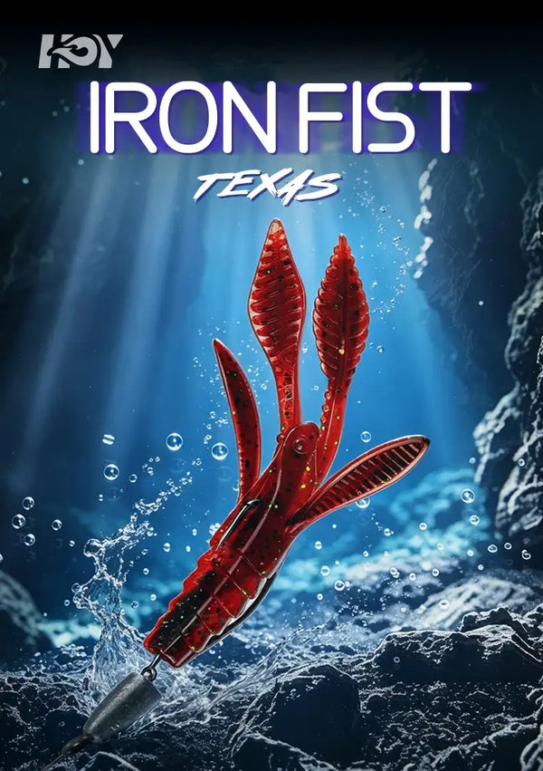 Red PVC soft crawfish lure with IRONFIST Texas-style graphic, two-claw body