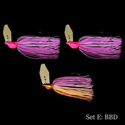 Tsurinoya bladed jig set with purple silicone skirt and orange accented swim jig, 3pcs