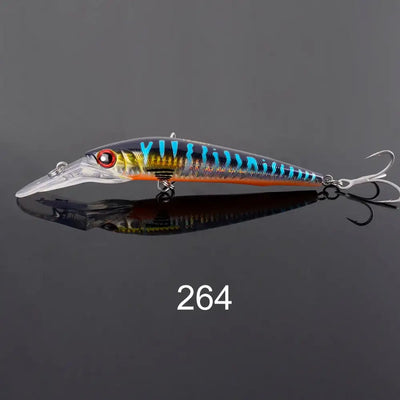 Blue and yellow patterned trolling minnow lure with clear bill and treble hooks