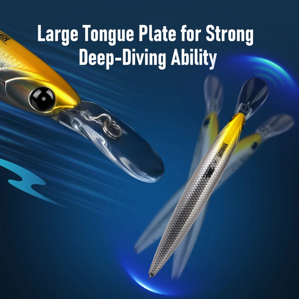 Yellow and silver minnow lure with black eye, diving lip, and three treble hooks