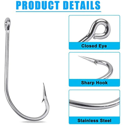 Stainless steel J-hook fishing hook with closed eye and sharp hook point