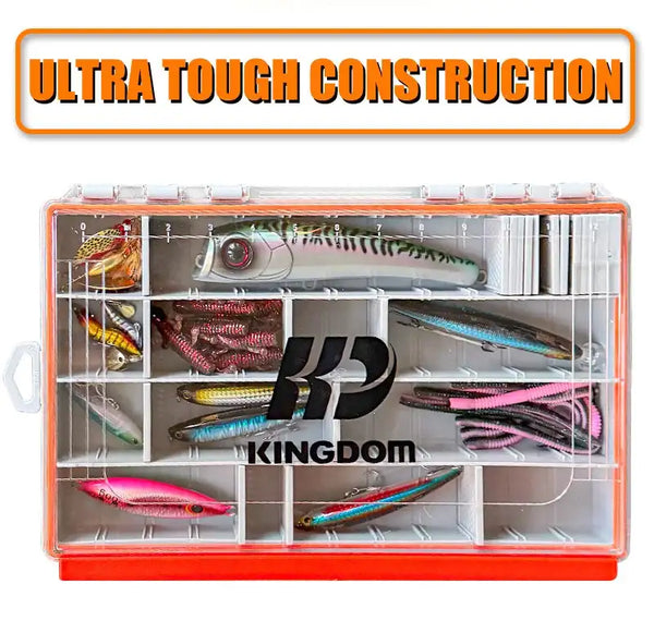 Fishing tackle box with interior grid compartments holding multiple lure slots