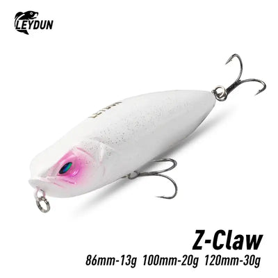 White leydun z-claw floating pencil stickbait with pink blue eye detail and three treble bkk hooks topwater lure