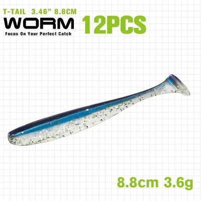 Blue-and-silver glitter T-tail soft plastic shad lure, 8.8 cm