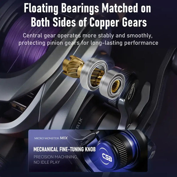 Baitcasting reel with CSB mechanical fine-tuning knob and copper gear detail.