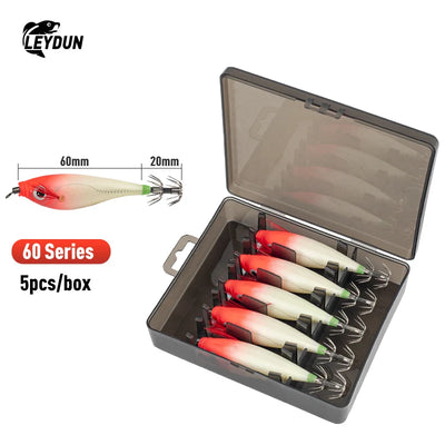 LEYDUN Luminous Squid Jig Set – Horizontal Wood Shrimp | BKK Hooks | ABS Body | 60 & 70 Series | 5-Pack & 14-Pack