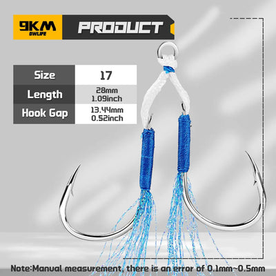 Blue feather assist fishing hooks with steel-core cord and solid rings, size 17
