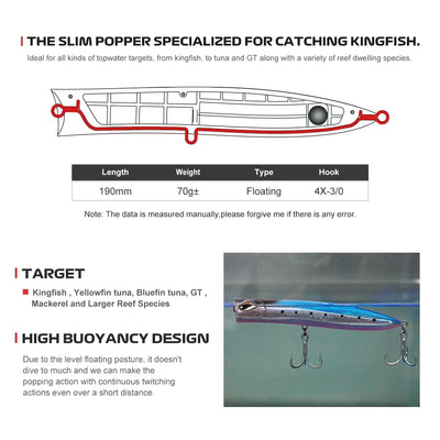 Slim popper fishing lure profile size diagram with floating weight and hook chart
