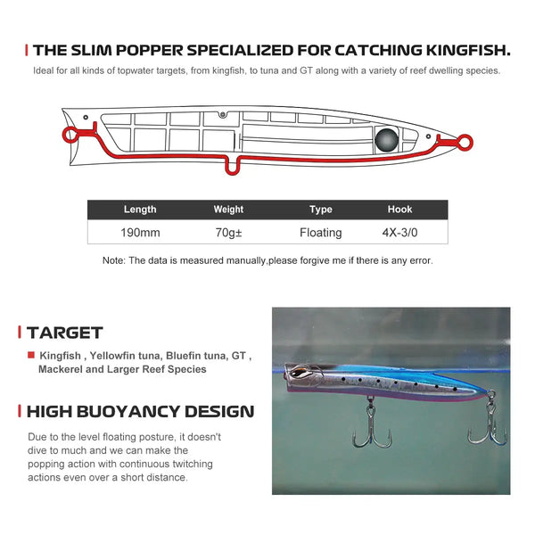 Slim popper fishing lure profile size diagram with floating weight and hook chart