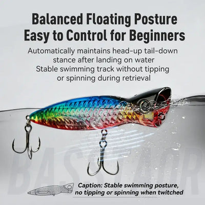 Multicolor topwater popper lure with treble hooks, stable floating posture