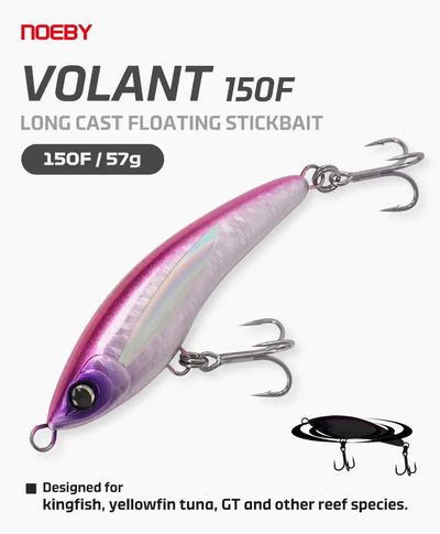 Long cast floating stickbait lure, pink and purple body with treble hooks