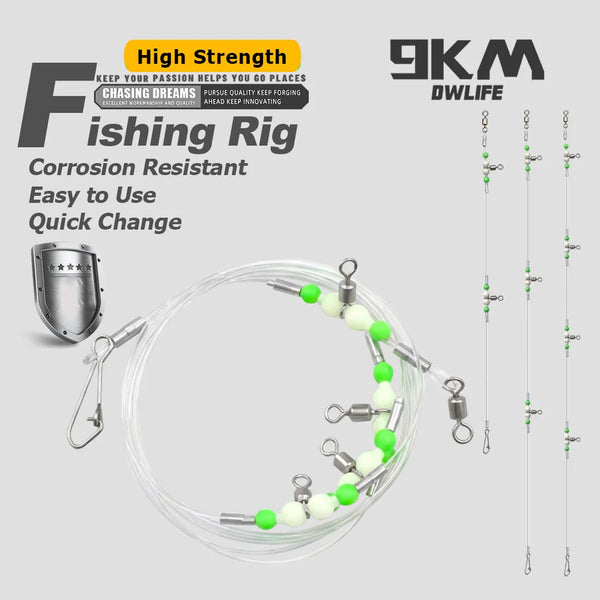 Fishing leader rig with luminous green and white beads and three-way swivel clips