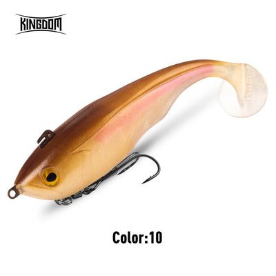 Soft T-tail sinking lure, brown-orange body with pink tint, clear white tail fin, hooks