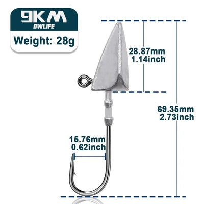 Triangle jig head with long shank hook, gray metal, 28g weight