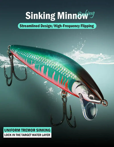 Leydun sinking minnow jerkbait lure in green and red with realistic fish design for freshwater and saltwater fishing