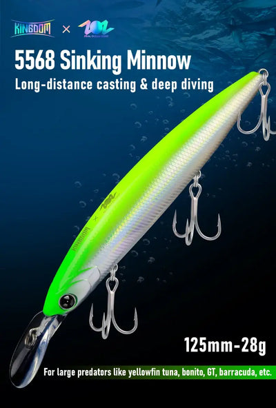 Neon green and silver sinking minnow lure with treble hooks and front lip.