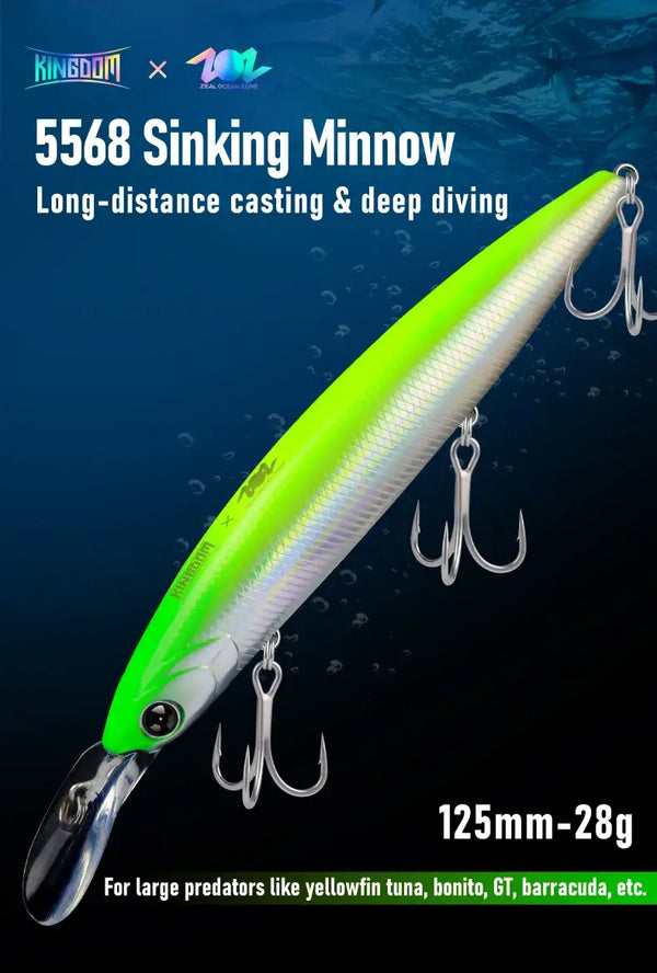Neon green and silver sinking minnow lure with treble hooks and front lip.