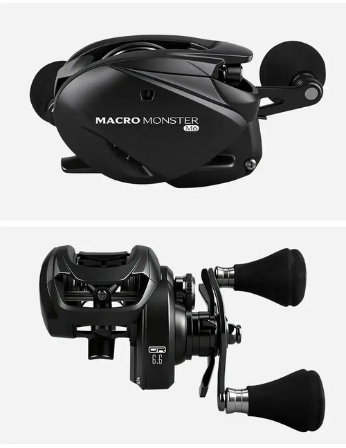 Black baitcasting reel with side plate and EVA grips, showing GR 6.6 marking
