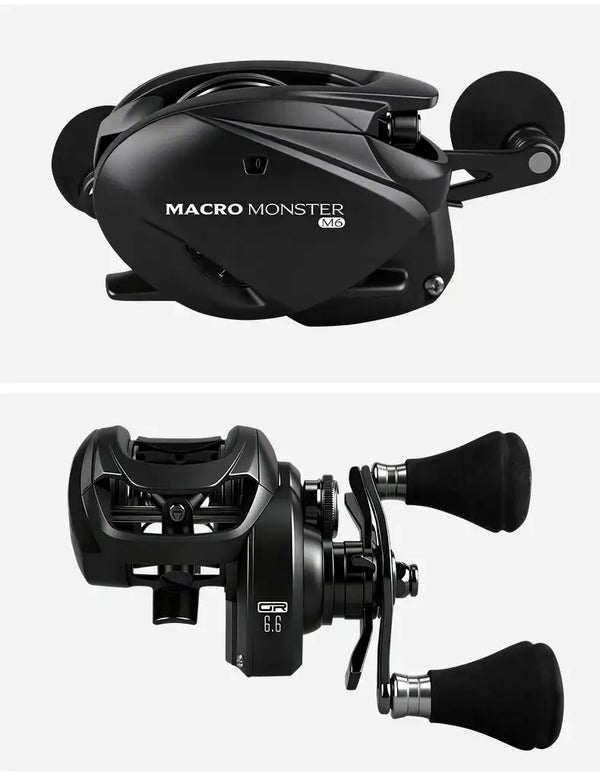 Black baitcasting reel with side plate and EVA grips, showing GR 6.6 marking