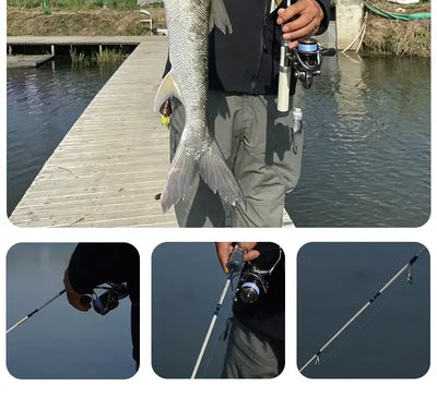 Fishing rod and spinning reel near a dock with a large silver fish