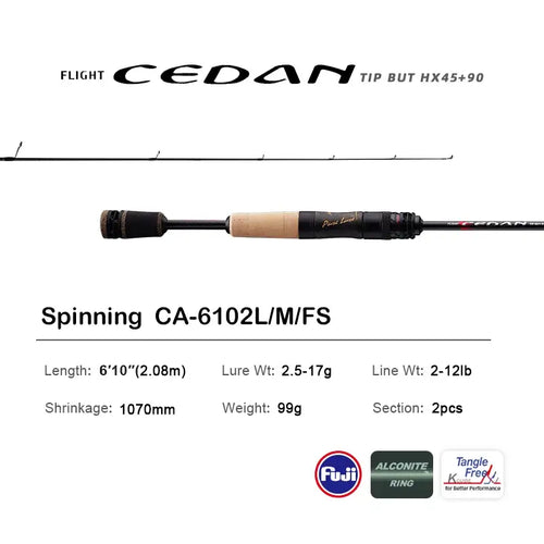 Spinning fishing rod with black graphite blank and tan grip, reel seat, line guides