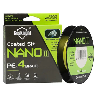 Coated Nano II PE 4 braided fishing line box and green spool, ultralight