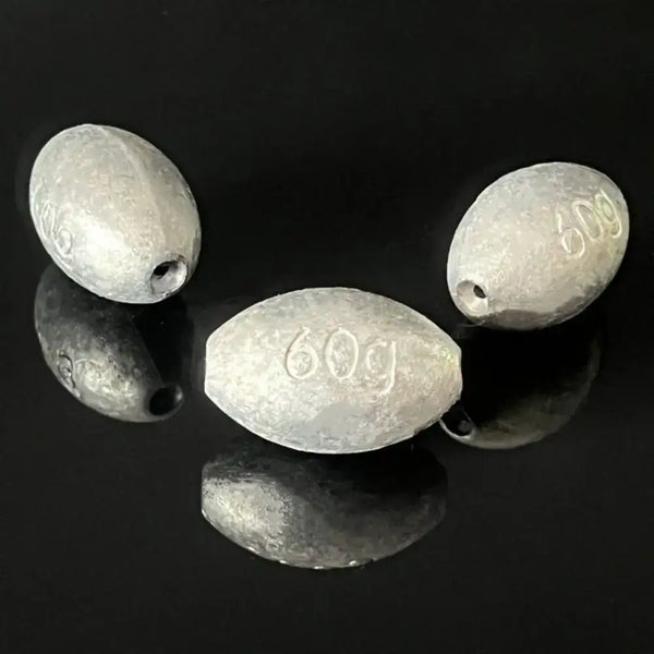 Olive hollow lead sinkers, metallic gray, stamped weight marks, teardrop shape