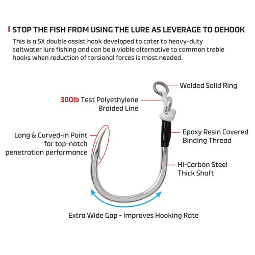 Inline single assist hook with welded ring, wide gap point, epoxy binding thread