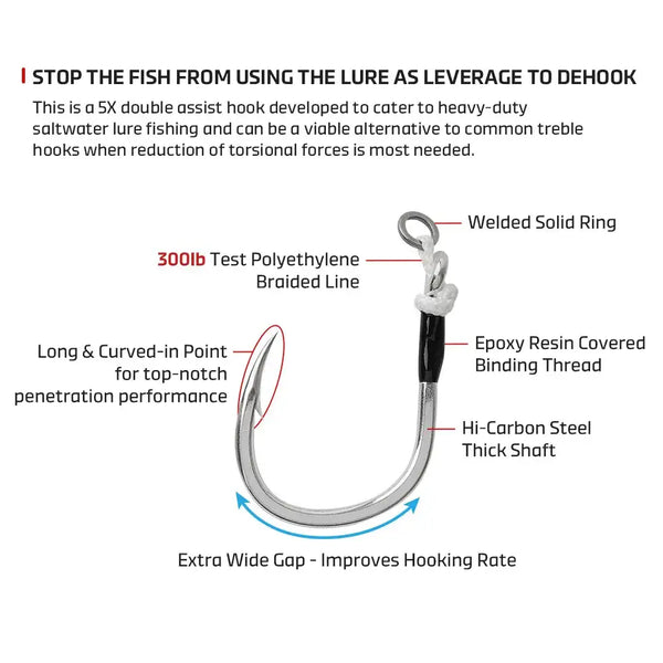 Inline single assist hook with welded ring, wide gap point, epoxy binding thread