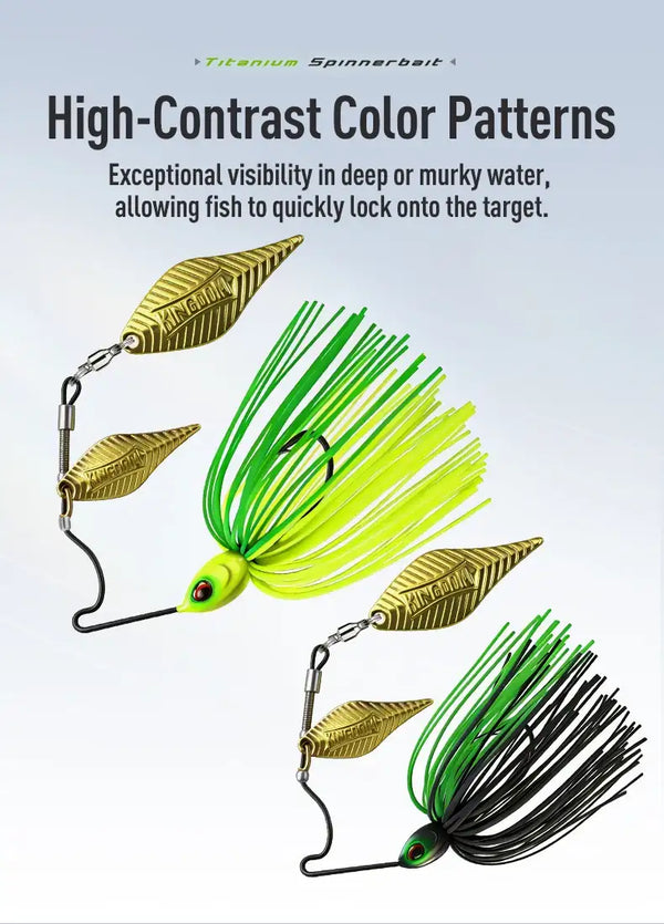 Titanium spinnerbait lure set with golden blades and lime, green, and black skirts