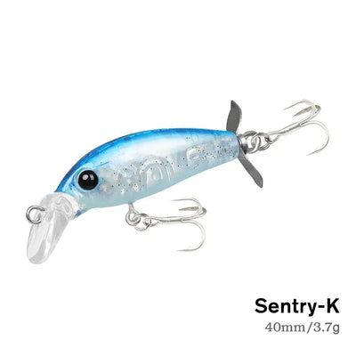 Sinking minnow lure 40mm/3.7g, light blue speckled body with silver, propeller and treble hooks