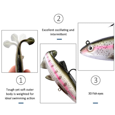 Weighted soft swimbait lure with weighted soft body, T-tail, and 3D fish eyes