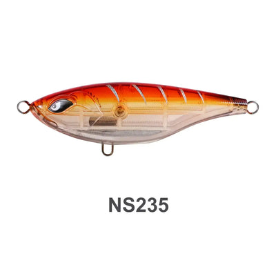 Hard fishing lure, red-orange top with pale belly and lifelike eye