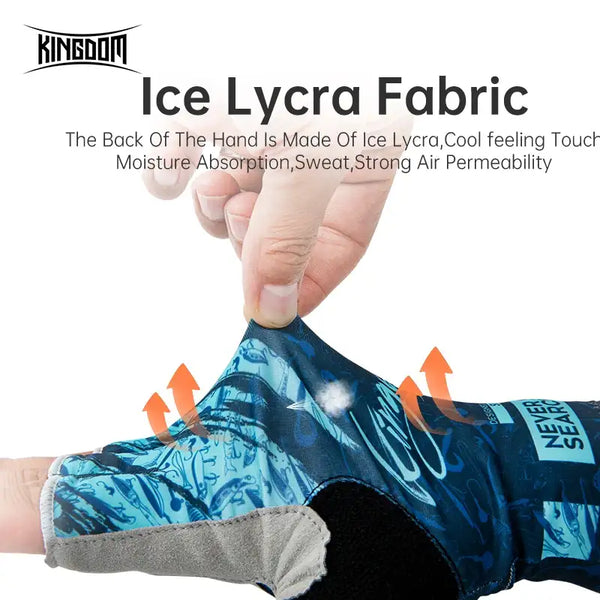 Blue and gray ice silk fishing glove close-up, elastic cuff and back fabric