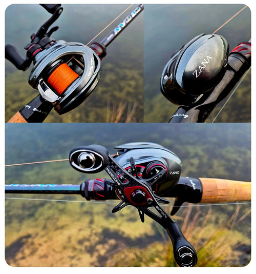 Baitcasting fishing reel on rod with bright orange spool line and black frame