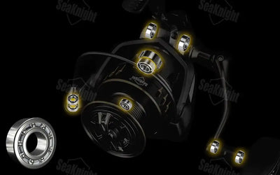 Black SeaKnight ARCHER2 spinning reel with glowing yellow accents, metallic bearings, and CNC aluminium spool