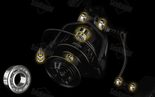 Black SeaKnight ARCHER2 spinning reel with glowing yellow accents, metallic bearings, and CNC aluminium spool