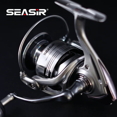 Spinning reel side view with black-and-silver spool, bail arm, and handle