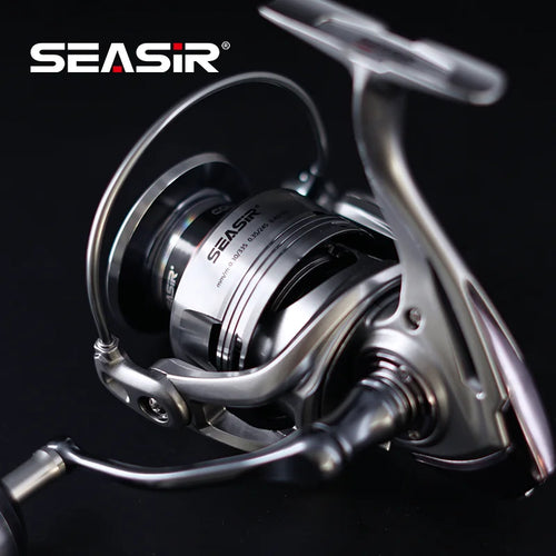 Spinning reel side view with black-and-silver spool, bail arm, and handle