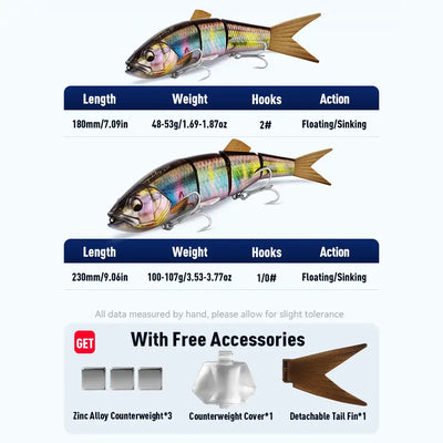 Multi-jointed swimbait hard lure with iridescent scale body, brown fins, and treble hooks.