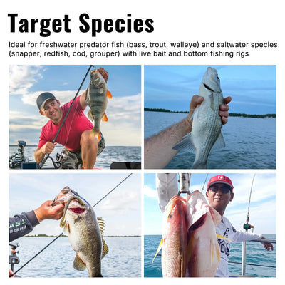 Target species photo collage with anglers holding freshwater and saltwater fish