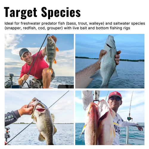 Target species photo collage with anglers holding freshwater and saltwater fish
