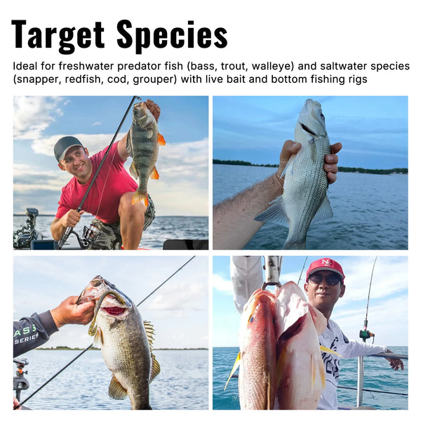Target species photo collage with anglers holding freshwater and saltwater fish