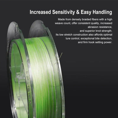 Fluorescent green braided fishing line spool with Noeby label for easy handling