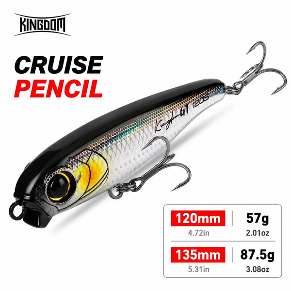 Saltwater sinking pencil fishing lure, black top, gold eye, chrome treble hooks
