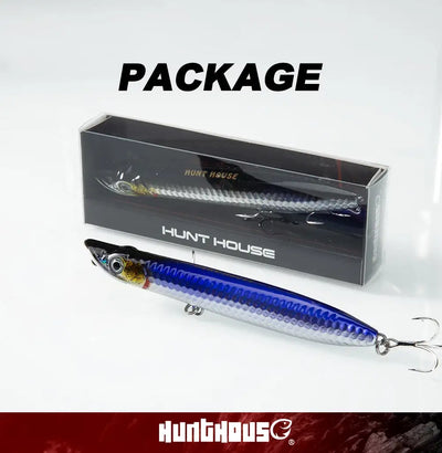 Blue and silver topwater pencil fishing lure in retail package with hooks