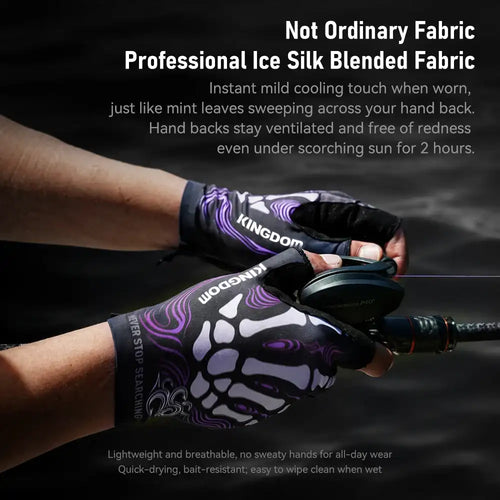Hands wearing fingerless fishing gloves, black with white and purple paw print.