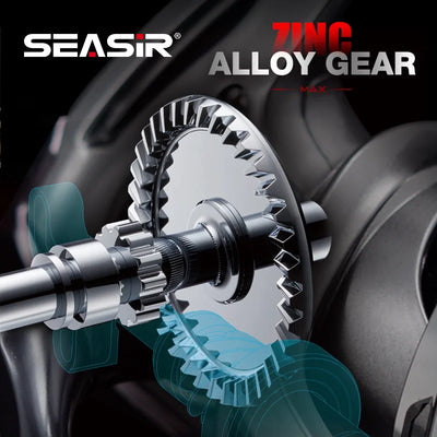 Fishing reel close-up showing alloy gear mechanism inside the spool assembly