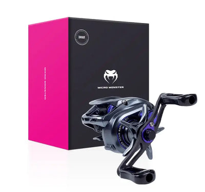 Micro baitcasting fishing reel, dark frame with pink spool accents and dual spools